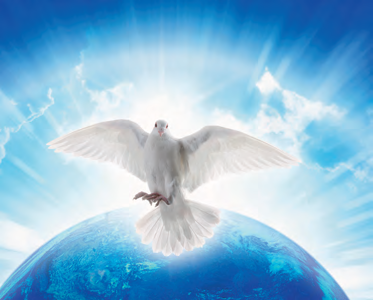 A white dove flying above planet Earth against a sunburst sky