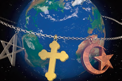 A cross, a Star of David, and a crescent hang on a chain in front of the Earth