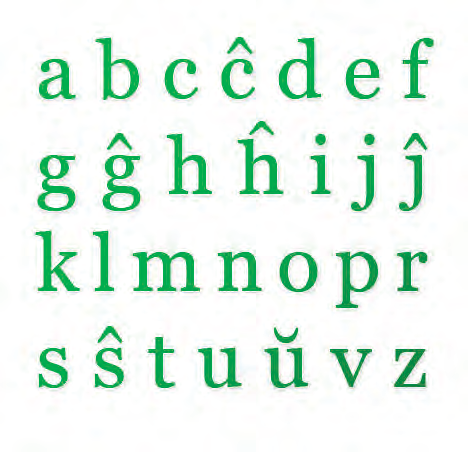 The Esperanto alphabet printed in green lowercase letters