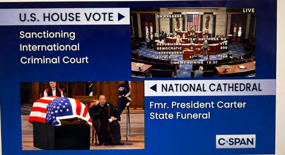 A C-SPAN broadcast shows the US House voting on sanctioning the International Criminal Court