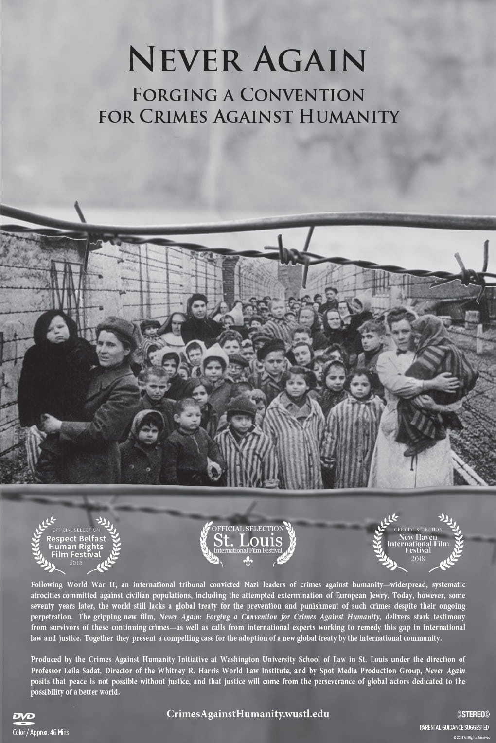 Poster for Never Again: Forging a Convention for Crimes Against Humanity, a documentary on the proposed treaty