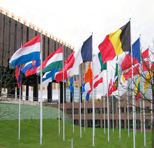 Flags of European and other nations on flagpoles outside an international institution