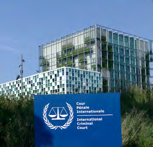 The International Criminal Court building in The Hague with its ICC sign and scale-of-justice logo