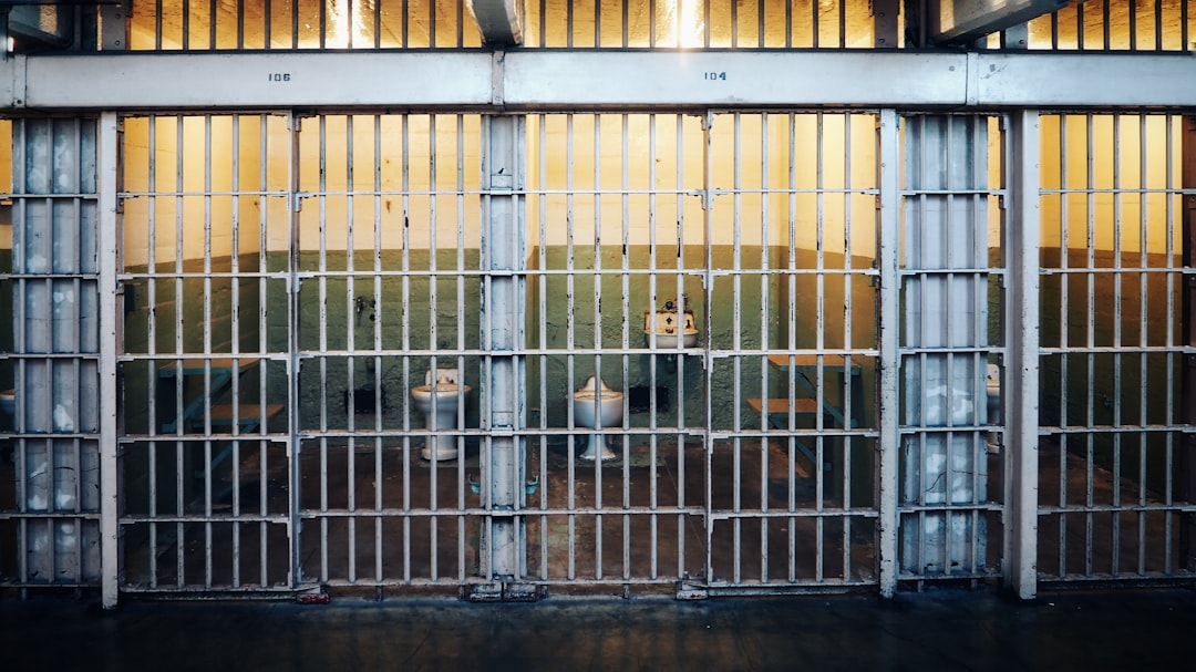 The image depicts a row of metal bars and cells in a prison facility.