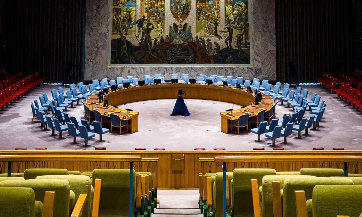 The United Nations Security Council chamber, the Per Krohg mural above the empty horseshoe table, the venue of the R2P Security Council side event the update reports on.