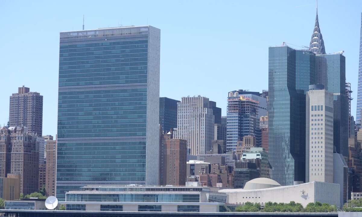 The United Nations Secretariat tower and General Assembly building on the East River, the New York headquarters where the Secretary-General leads the UN75 reform follow up.