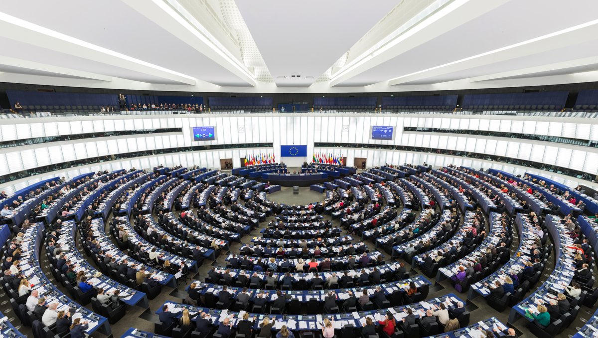 The European Parliament hemicycle in full session, the EU's elected chamber, standing in for the Conference on the Future of Europe and its debate over EU reform.