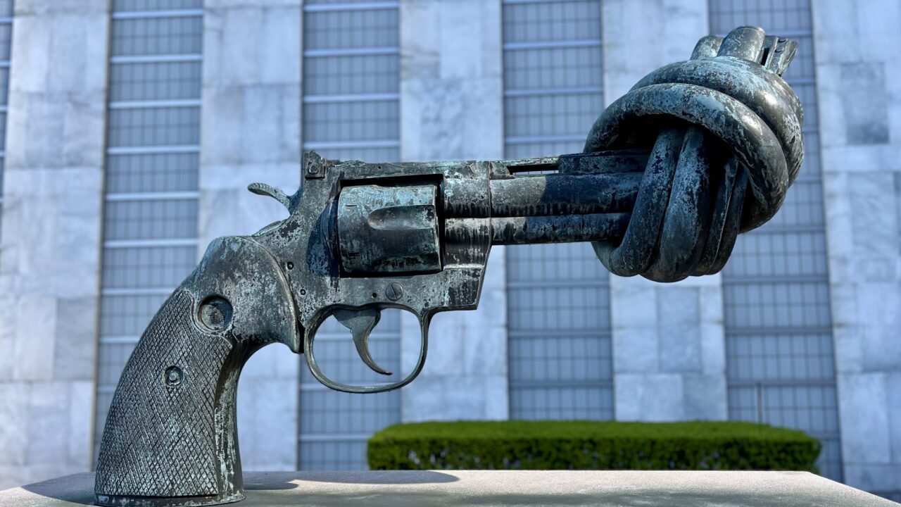 The Non-Violence sculpture, a bronze revolver with its barrel tied in a knot, at United Nations Headquarters in New York
