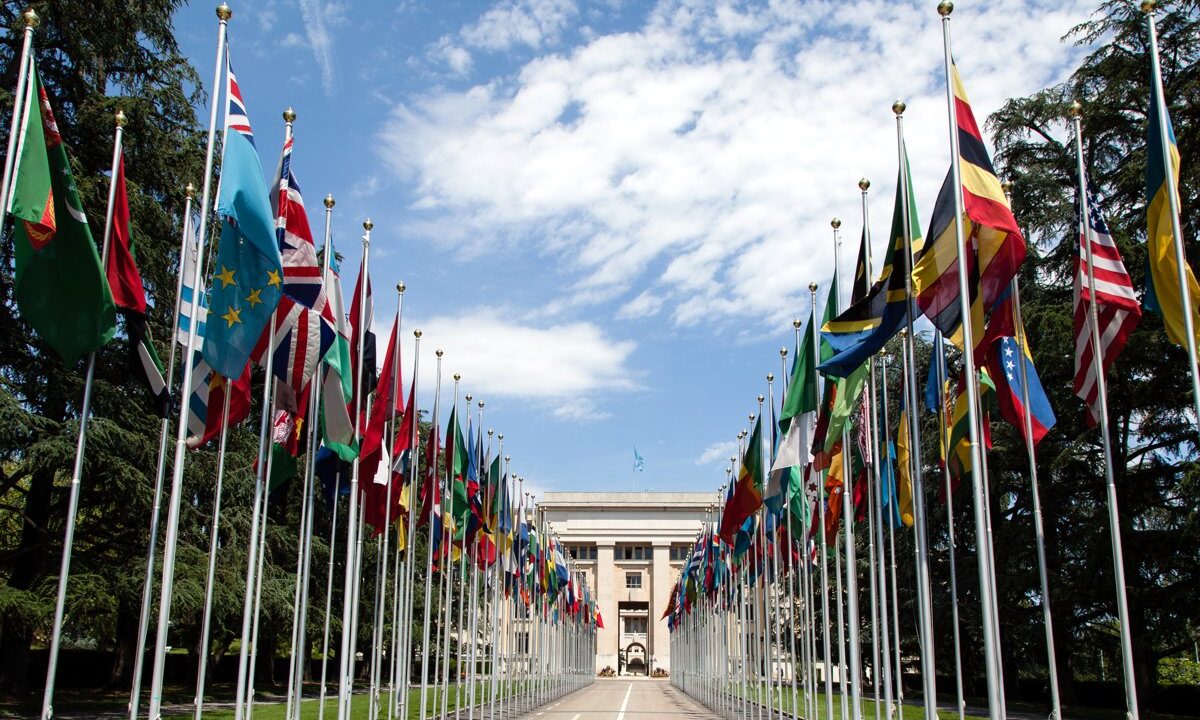 The avenue of national member-state flags at the United Nations (Palais des Nations), a vivid emblem of the full international community gathering, used for the explainer on the 2024 Summit of the Future.
