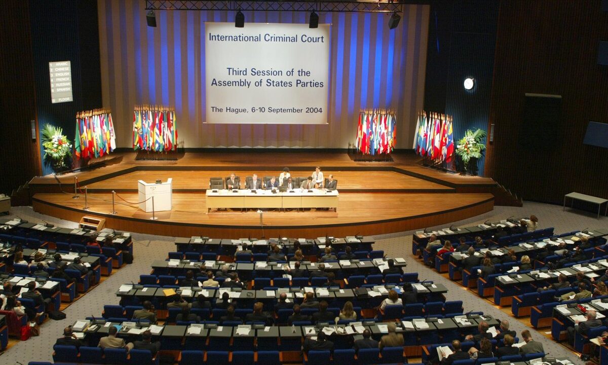 A plenary session of the Assembly of States Parties to the Rome Statute of the ICC, the diplomatic forum where new instruments of international criminal law are negotiated, fitting an article about forging a new crimes against humanity convention.