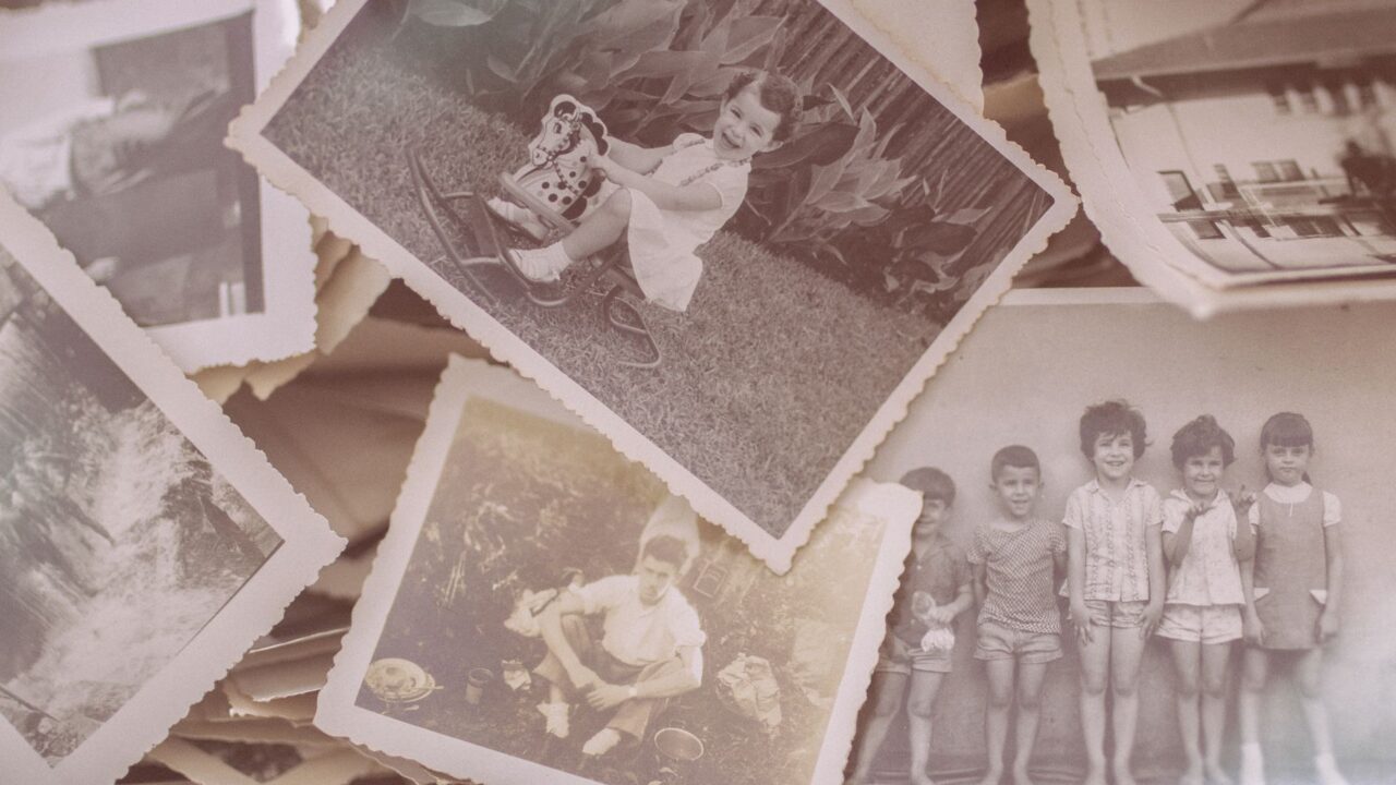 A collection of old photographs showing various family moments and children, with a nostalgic feel.