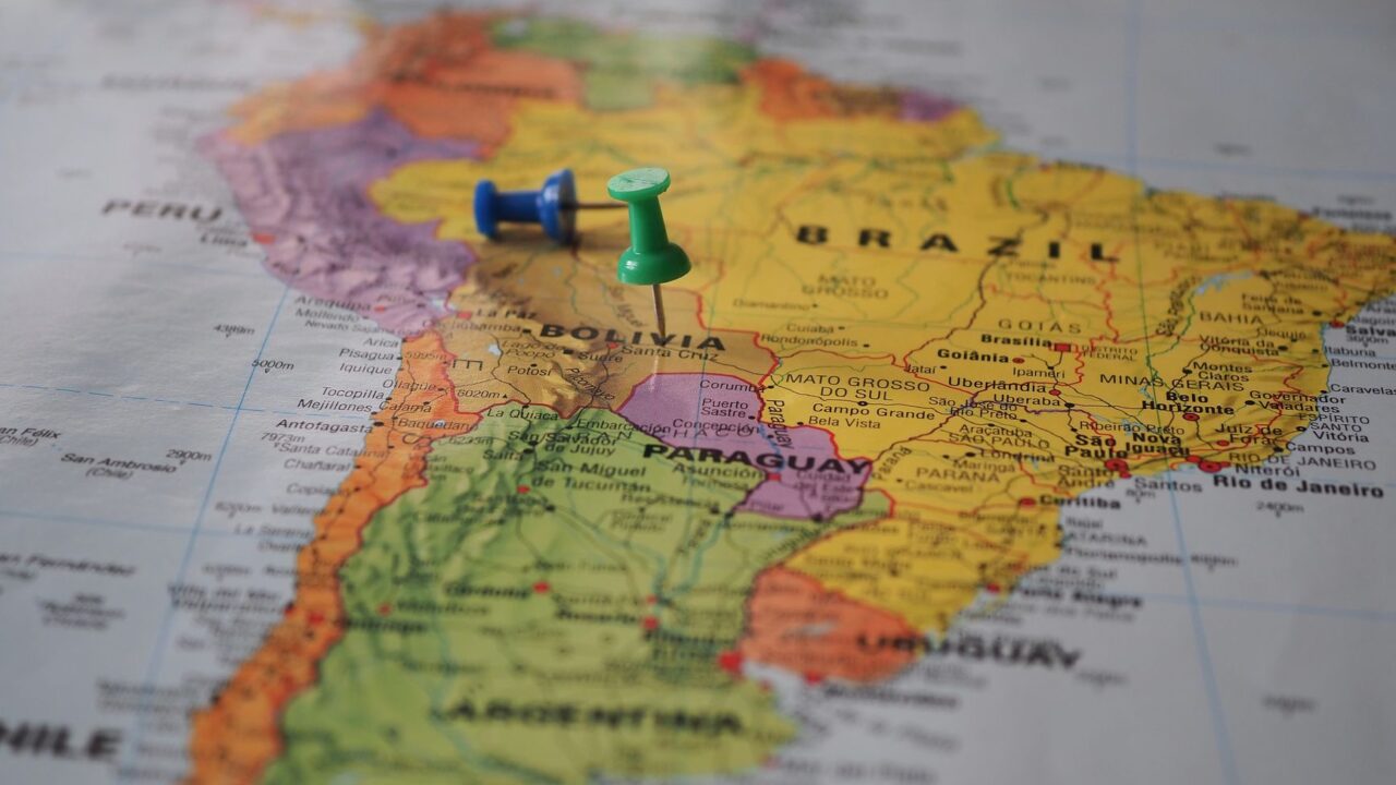 Pins in a map of South America over Bolivia and Brazil.