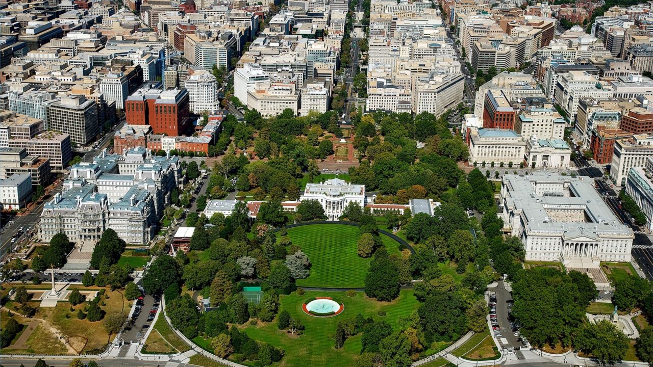 An aerial view of the White House and central Washington.
