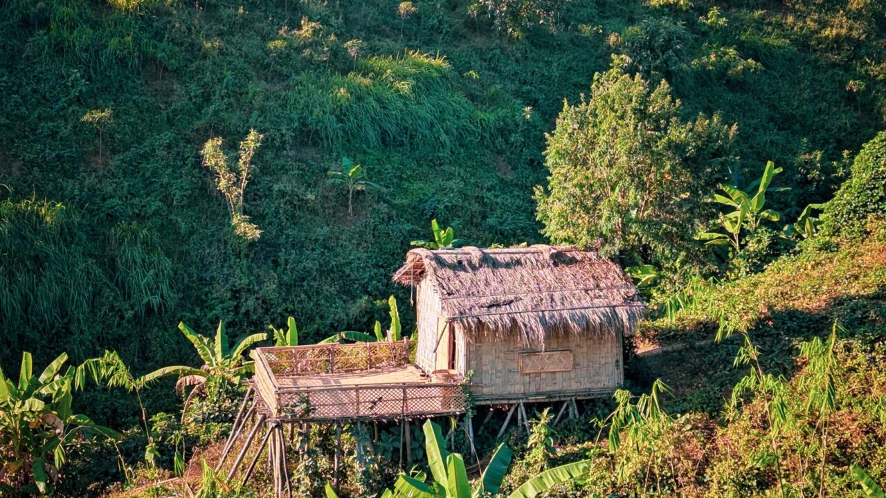 A small thatched shelter on stilts on a green hillside.