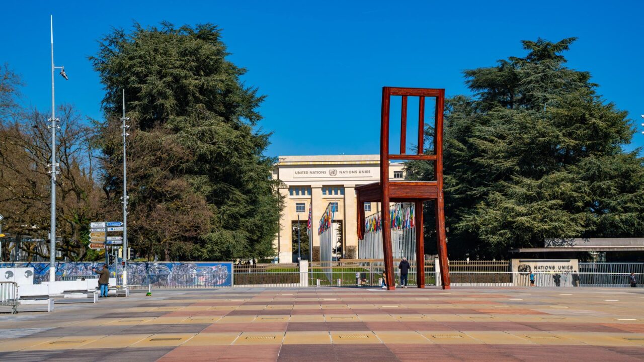 The Broken Chair sculpture on the square in front of the Palais des Nations in Geneva.