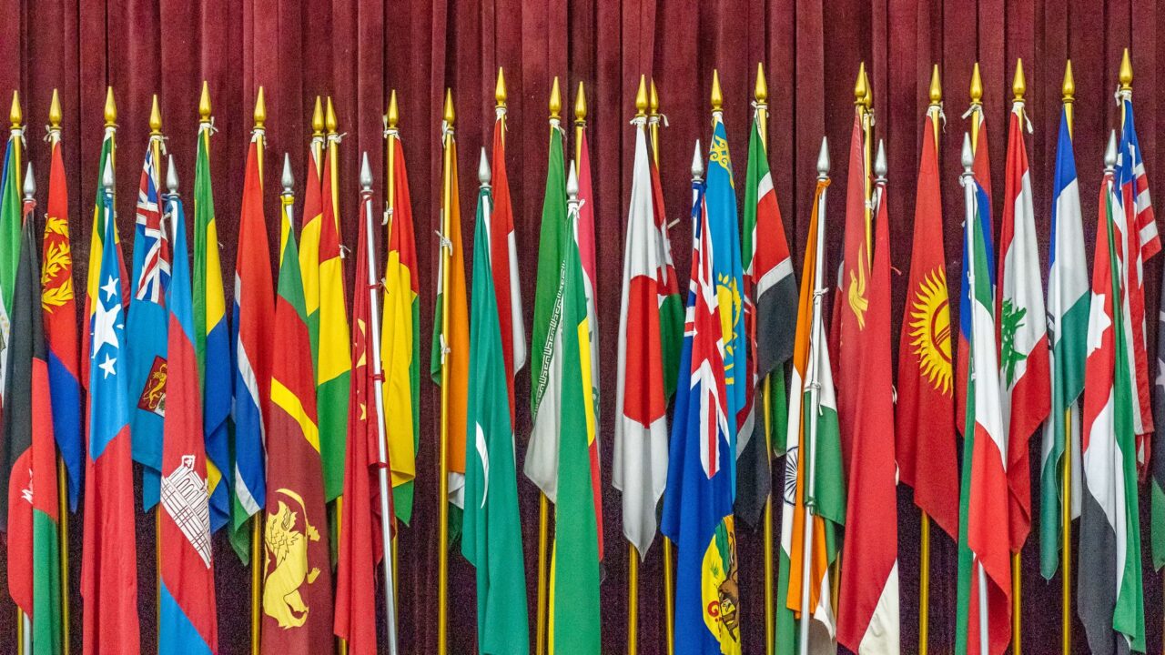 A long row of national flags on poles against a red curtain.