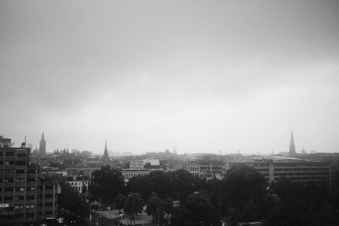 A city skyline under a cloudy sky, with a mix of modern and traditional buildings.