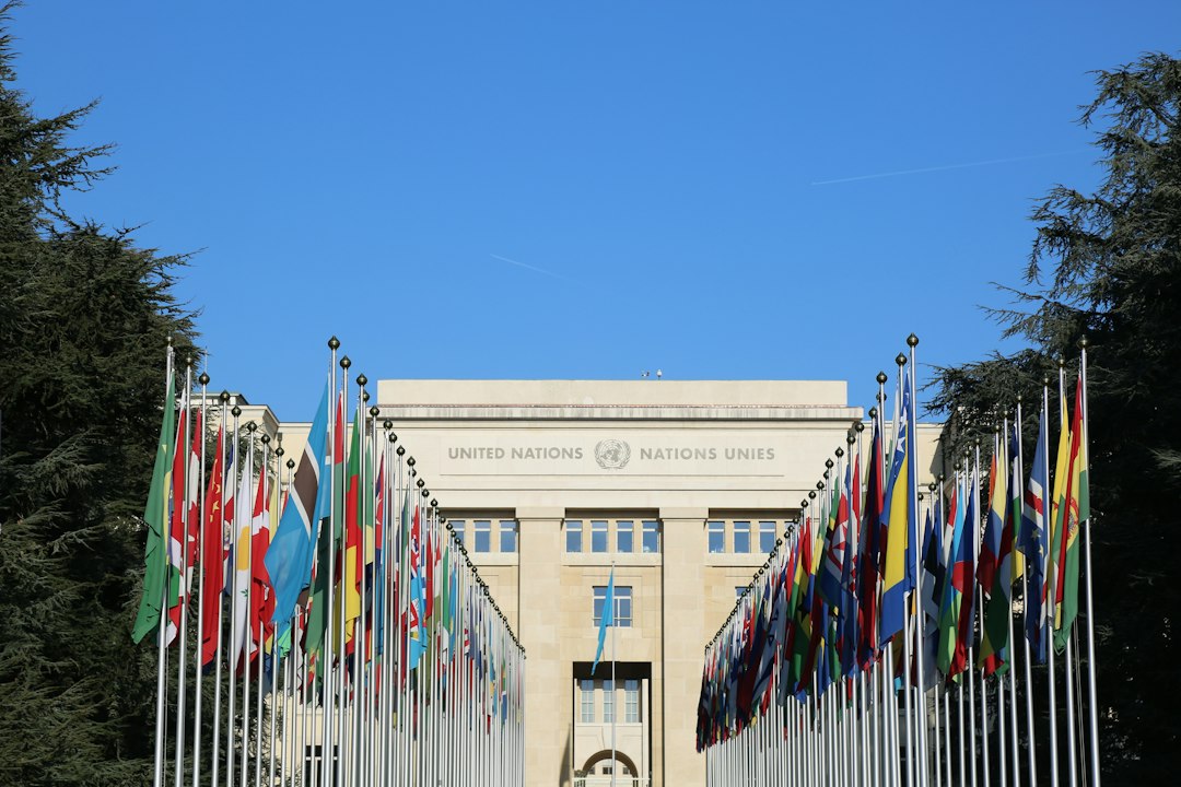 The United Nations Headquarters in New York City, with flags from member nations lining the entrance.